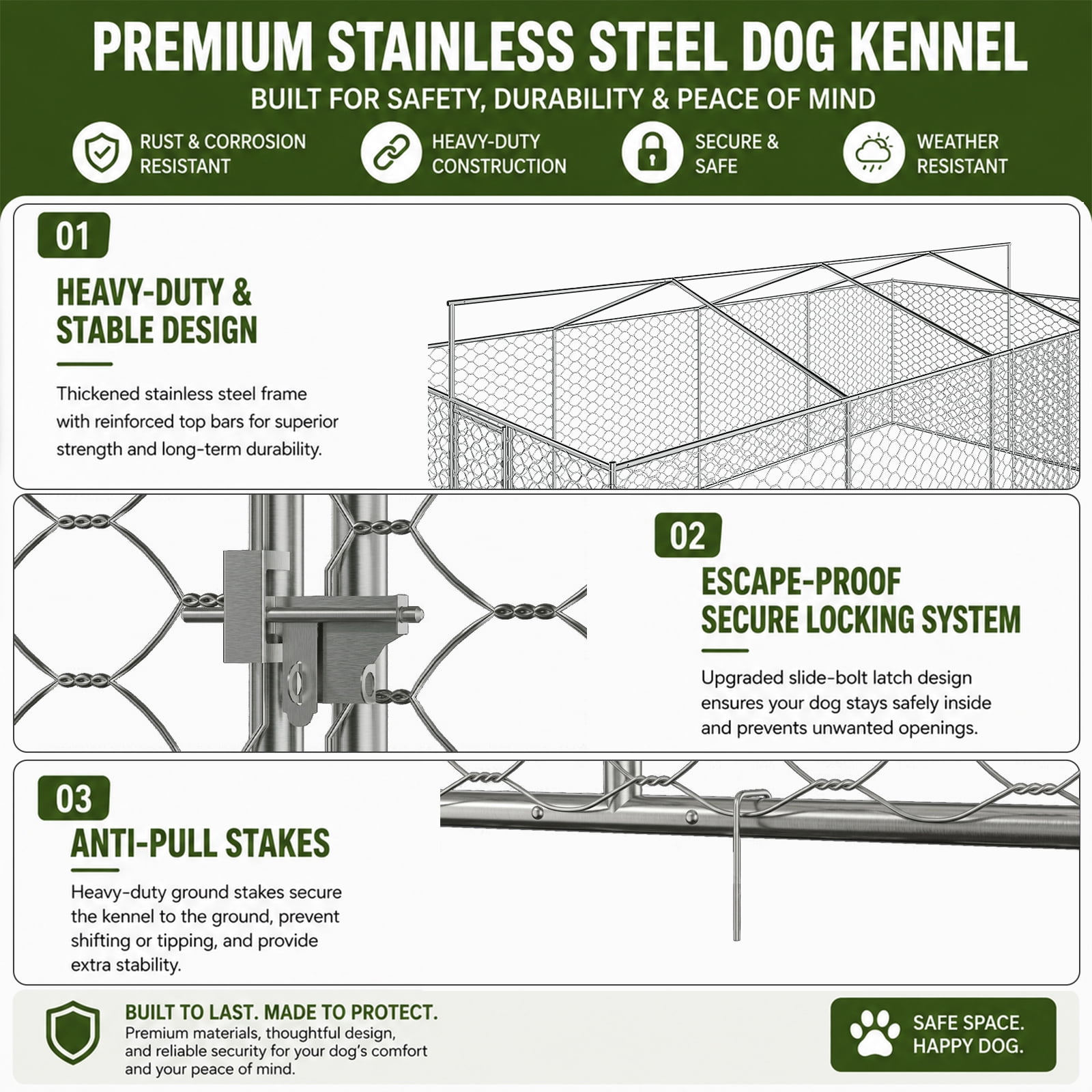 20x10 FT Large Outdoor Dog Kennel with Canopy,Heavy Duty Galvanized Steel,Waterproof Cover,Elevated Feeding Bowls,Escape-Proof Lockable Playpen for Large Dogs & Multiple Pets