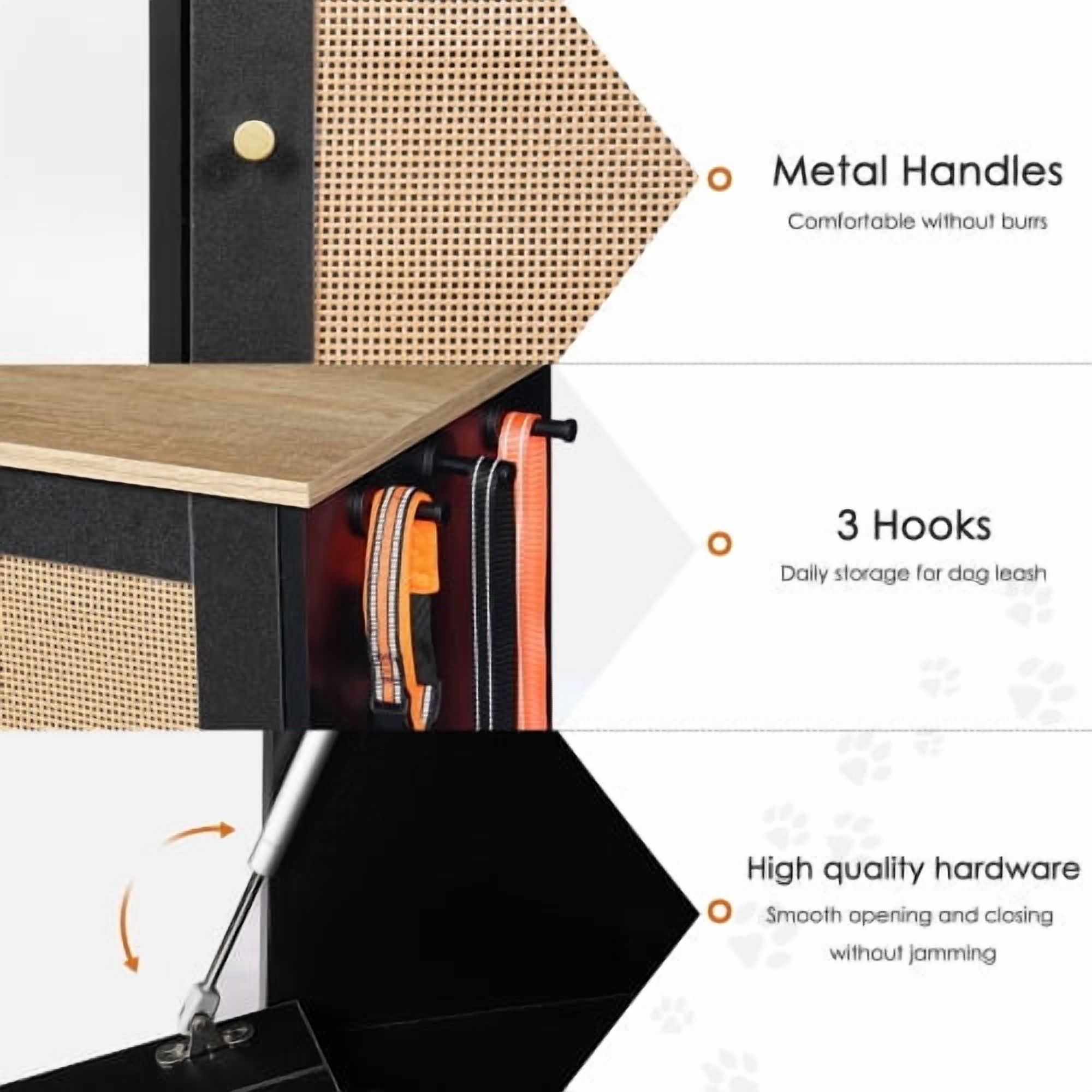 Pet Feeding Station with 2 Lockers and Elevated Dog Bowls Side Hooks Anti-Tipping Kit Rattan Door for Kitchen and Living Room, Black and Vintage
