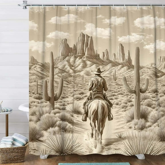 Western Cowboy Shower Curtain for Bathroom, Retro Rustic Cowboy Riding Horse in Desert Cactus Vintage Farmhouse Shower Curtain Fabric Bath Curtains with Hooks,60X72