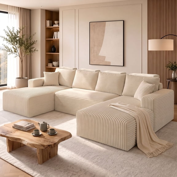 NNSNG 113" U-Shaped Sectional Sofa with Ottomans,Modular Cloud Boneless Couch with Deep Seat for Living Room,No Assembly Required,Khaki