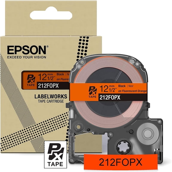 Epson LABELWORKS 212FOPX - Black on Fluorescent Orange PET Label Maker Tape - 1/2" (12MM) Wide, 16'