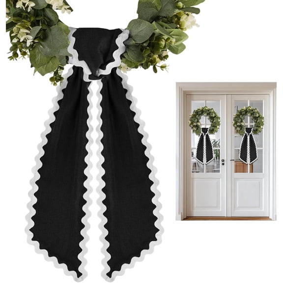 2 Pcs Scalloped Wreath Sash for Front Door Ruffle Wreath Ribbon Bow for Yard Porch Garland Home Wedding Decor(Black)