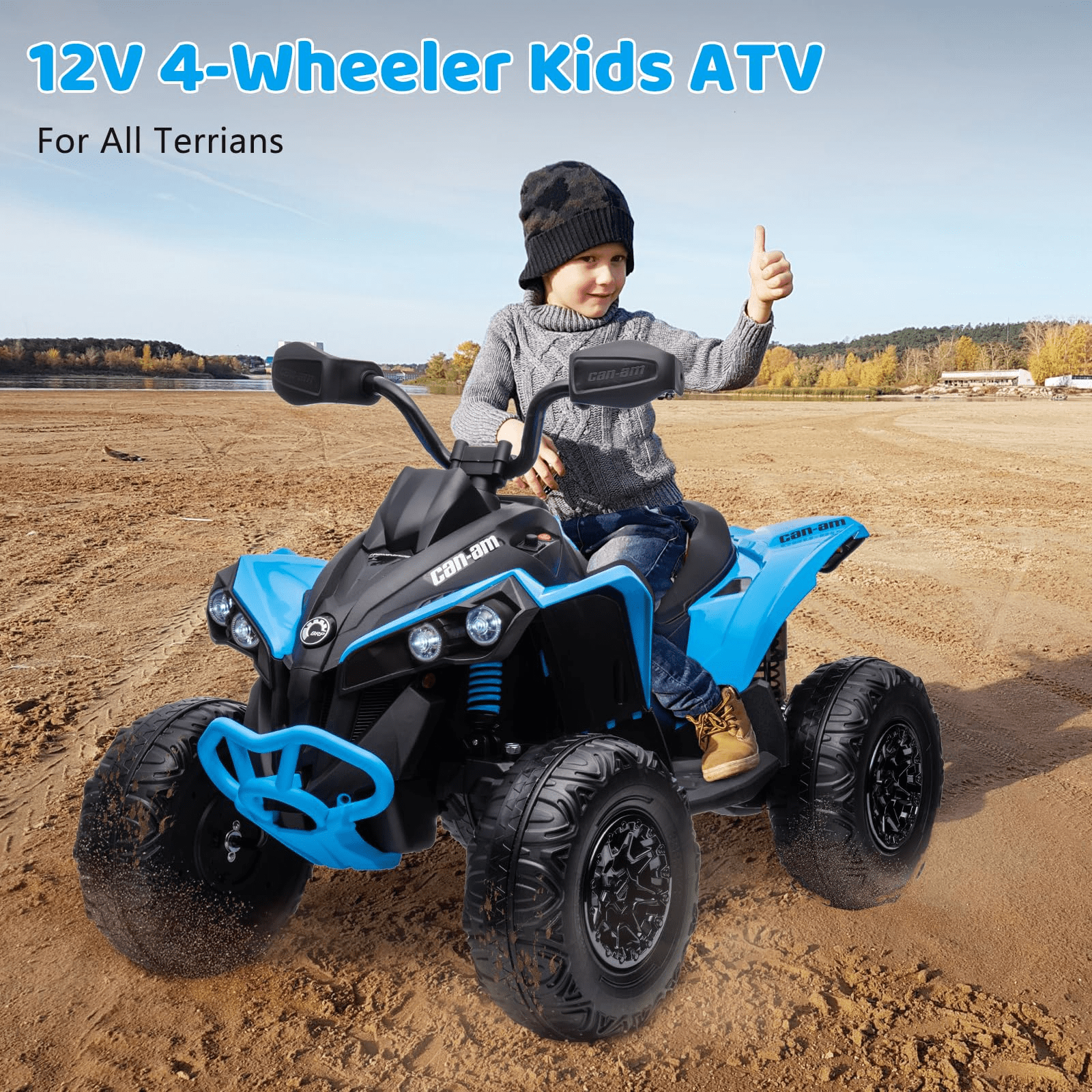 Towallmark Kids Atv Quad 4 Wheeler, 12V Ride on Toy Car Bombardier Licensed BRP Can-am Electric Vehicle, w/LED Lights, Bluetooth, Music,for 3-8 Year Old, Blue