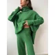 thumbnail image 1 of Conjunto de suéter y pantalones de cuello alto para mujer, Jersey de punto grueso, informal, holgado, verde, sólido, otoño e invierno, 2 piezas, 1 of 5