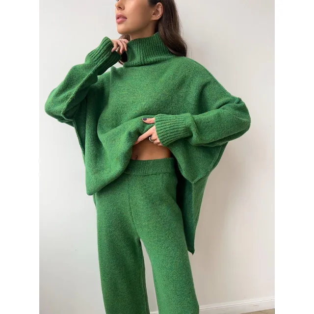 Conjunto de suéter y pantalones de cuello alto para mujer, Jersey de punto grueso, informal, holgado, verde, sólido, otoño e invierno, 2 piezas