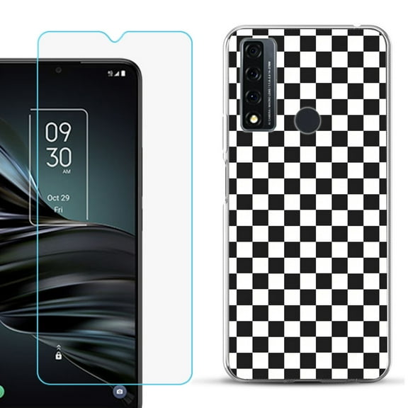 Slim-Fit Fashion Phone Case for TCL 20 XE, with Tempered Glass Screen Protector, by OneToughShield ® - Checker B/W