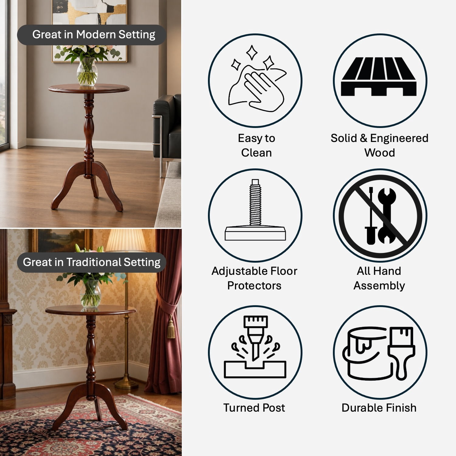 Decor Therapy Warwick Round Accent Table - 3 Leg Pedestal Side Table for Living Room, Bedroom, Entryway - Traditional Bistro Drink Table, Cherry