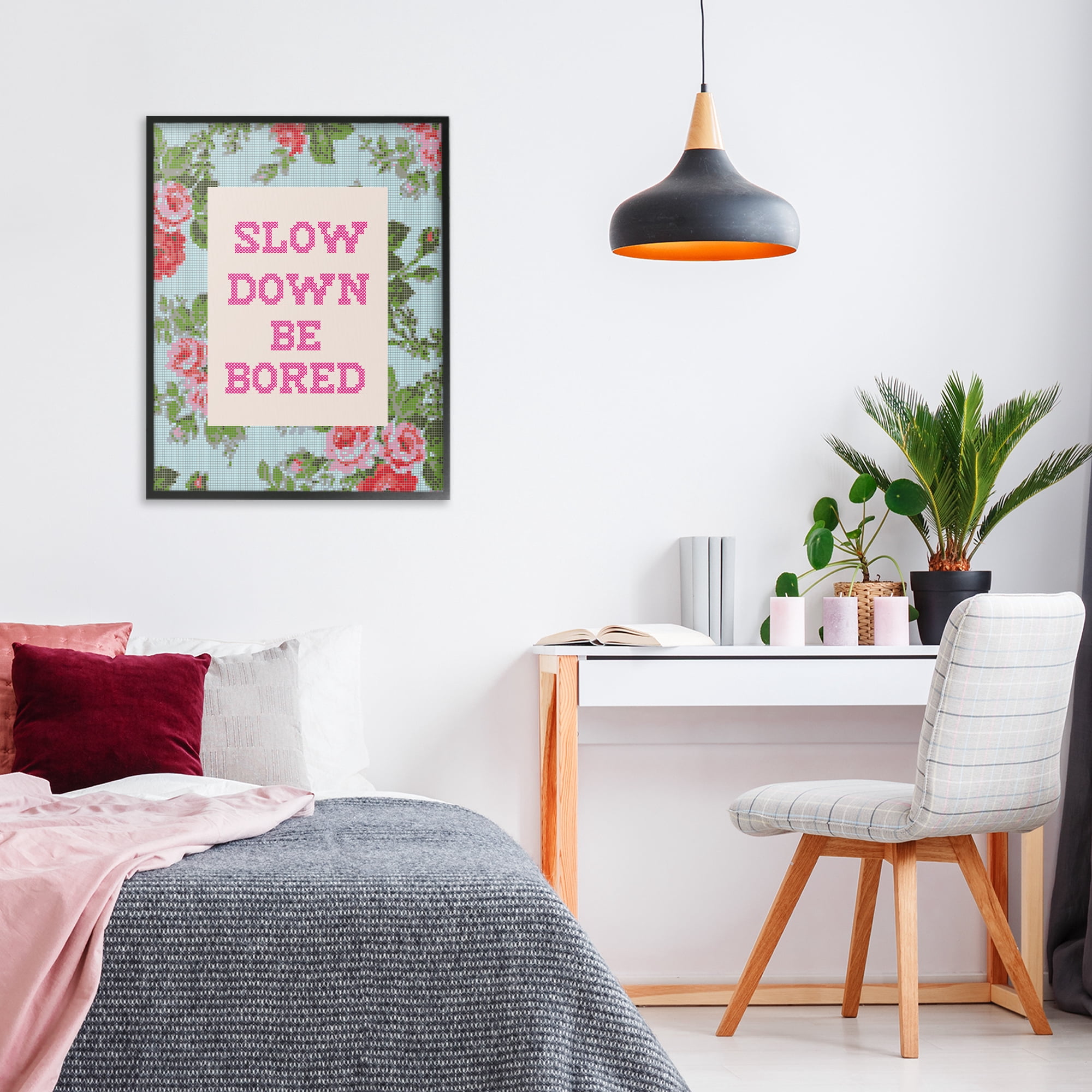 Stupell Industries Slow Down Be Bored Faux Cross Stitch Black Framed Giclee Art, design by Lil' Rue