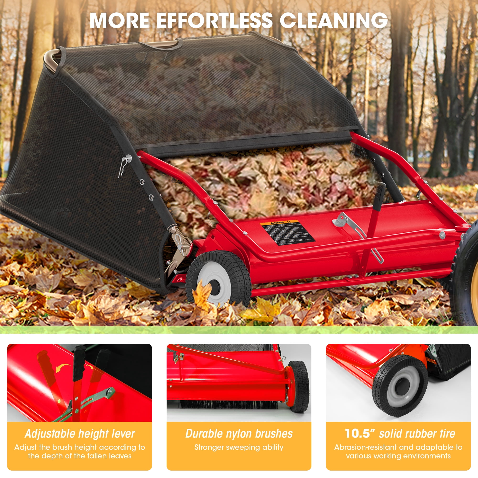 48" Tow-Behind Lawn Sweeper, Pull Behind Grass and Leaf Collector with 25.16 Cu. ft Hopper, Adjustable Brush Height Lever & Dumping Rope for Lawn and Yard Cleanup,Red