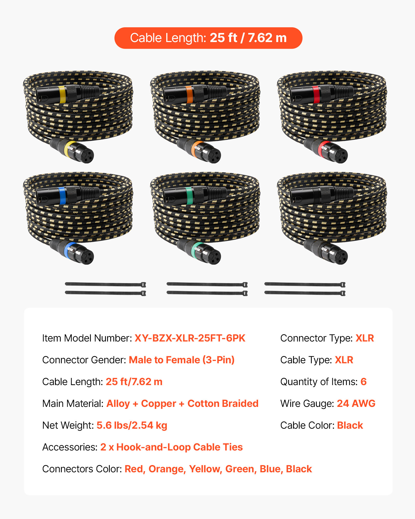 VEVOR XLR Cable 25 ft, 6 Pack, Shielded Balanced DMX Male to Female Microphone Cables, Gold-Plated 3-Pin XLR Mic Speaker Cord Wires, for Stage Lighting, Microphones, Amplifier, Mixer, Speaker Systems
