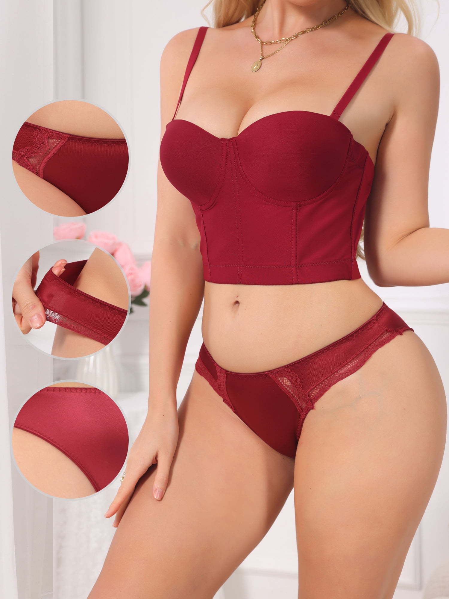 DARING DIVA Women's Lace Low Rise Bikini Underwear Breathable No Show Satin Briefs L Red