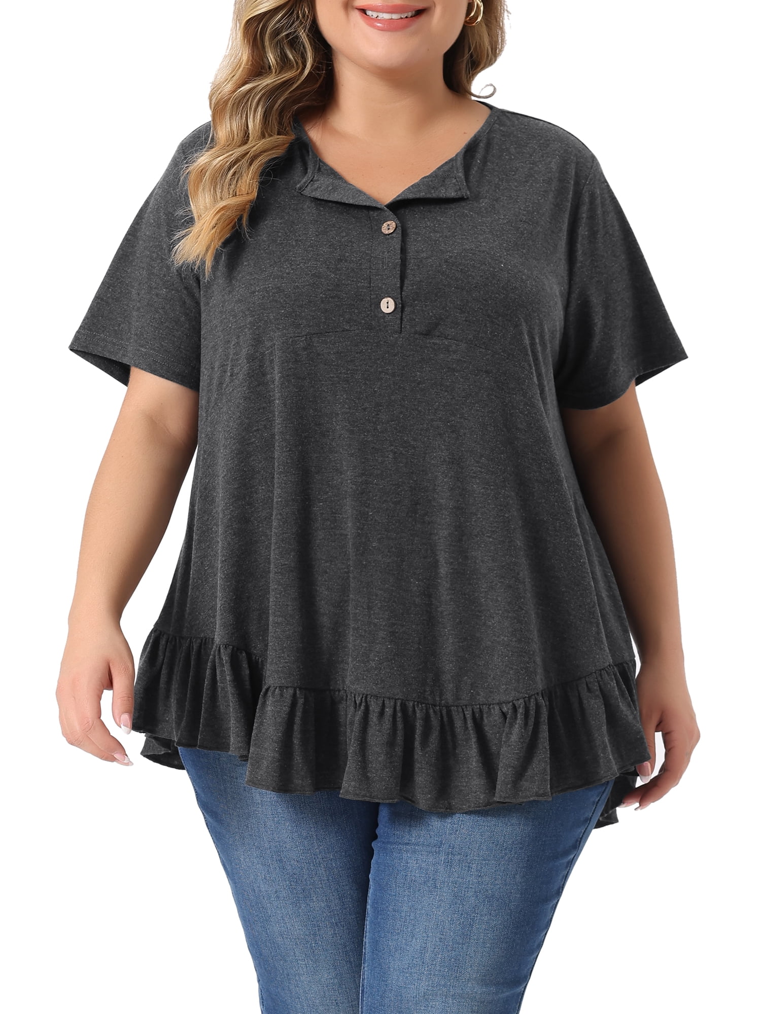 Women's Plus T Shirts Henley V Neck Button Up Short Sleeve Ruffled Hem Blouses Tops 4X Dark Gray