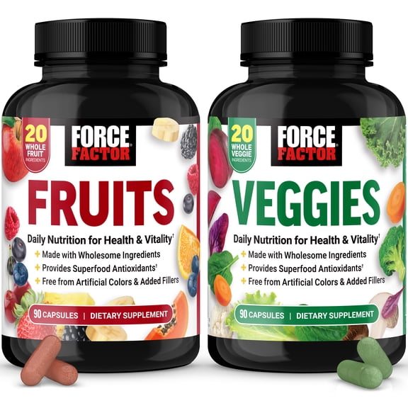 Force Factor Fruits & Veggies, Fruit & Vegetables Supplements for Adults, Whole Food Ingredients & Antioxidants, No Fillers, 2-Pack, 90 Capsules Each
