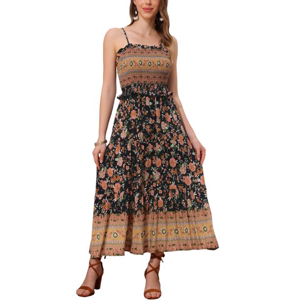 INSPIRE CHIC Vestido Maxi Sin Mangas de Tirantes Espagueti con Volantes de Flores Bohemio para Mujeres XL Negro