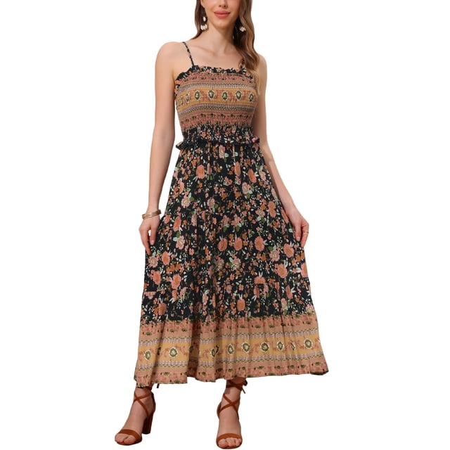 INSPIRE CHIC Vestido Maxi Sin Mangas de Tirantes Espagueti con Volantes de Flores Bohemio para Mujeres XL Negro