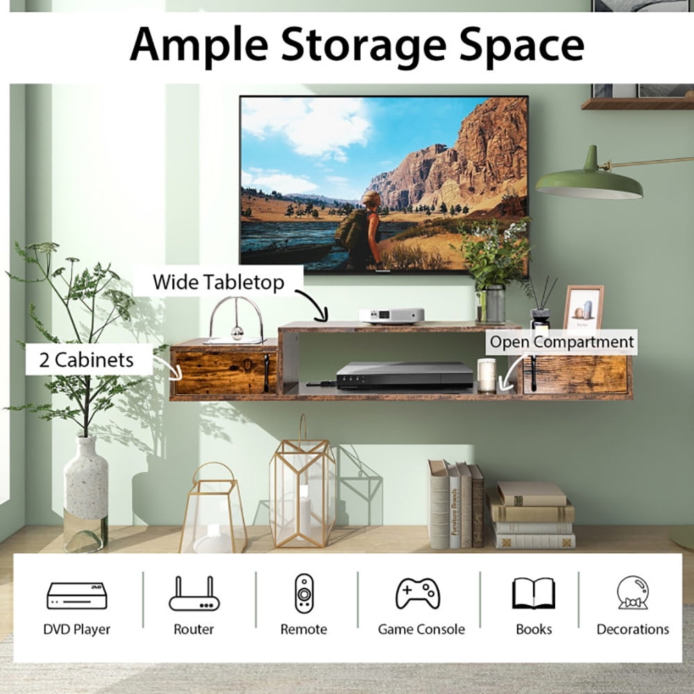 Finihen TV Stand, TV Cabinet, 55 Inches Floating TV Stand with Power Outlet, Media Entertainment Center with Storage, for Living Room, Bedroom, Rustic Brown