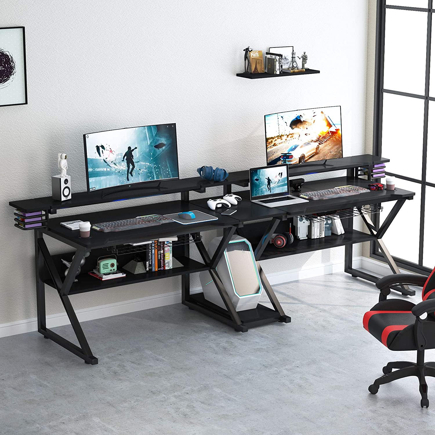 Tribesigns Large 102" Double Gaming Desk with Monitor Stand Riser and