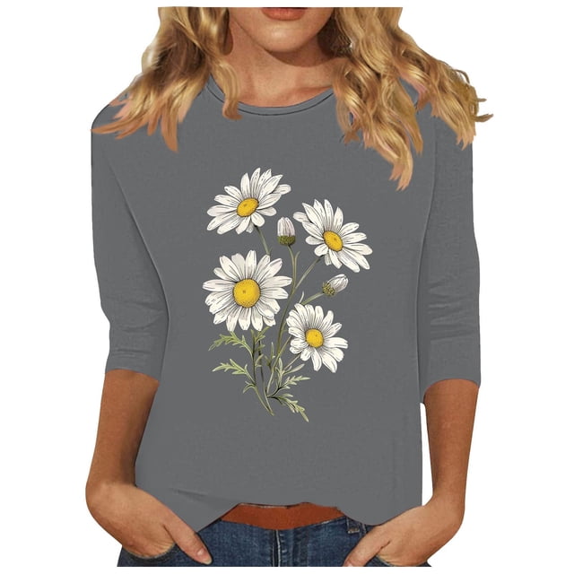 Tnhcen Chemises à Manches 3/4 Col Rond Imprimé Floral Automne pour Femmes - Basiques Décontractés Grande Taille P-3TG