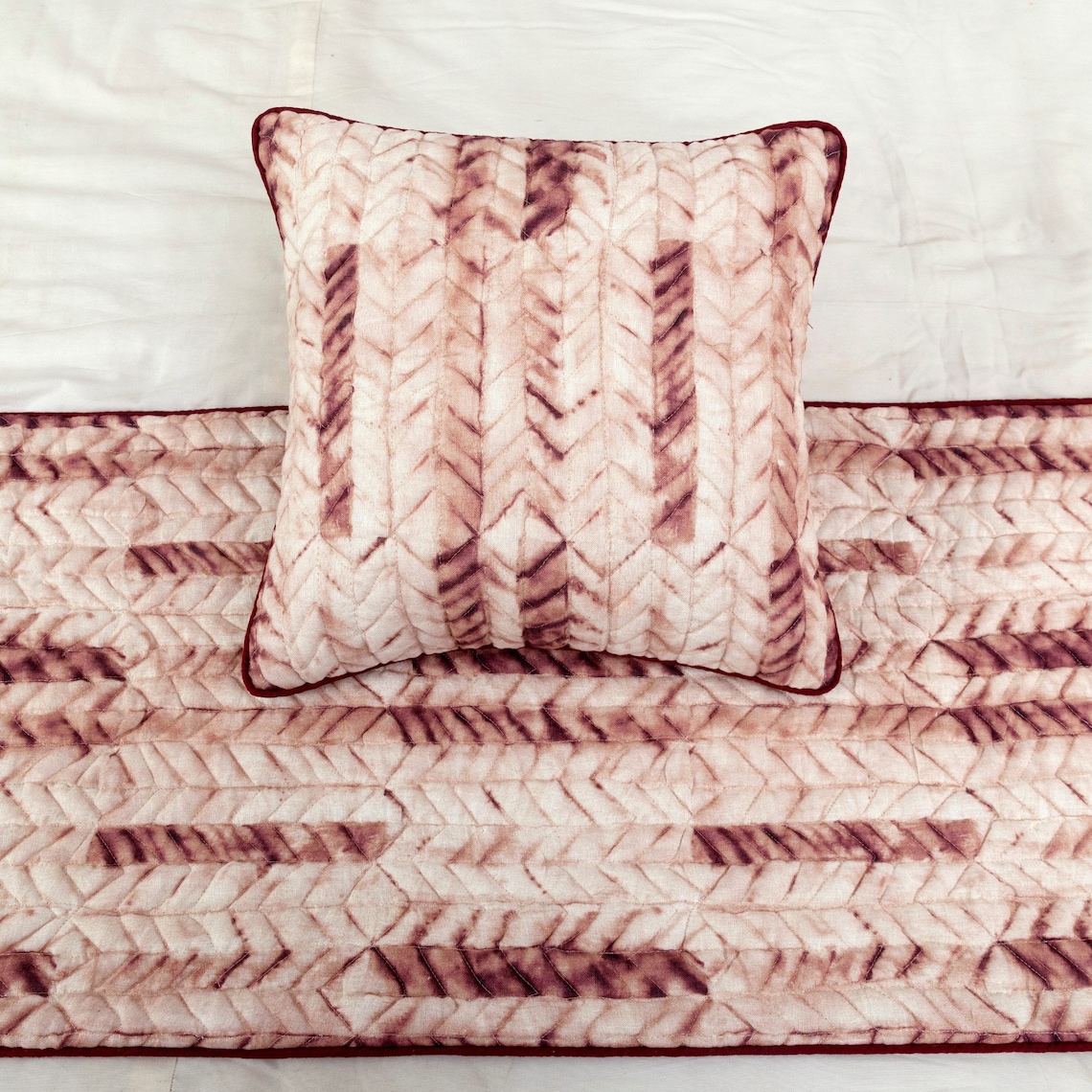 King / Queen / Twin Maroon & Ivory Designer Full 68"x18" Bed Runner WITHOUT Pillow Cover, Tie & Dye, Beaded & Quilted Bed Scarf on Cotton fabric - Tie Dye Love
