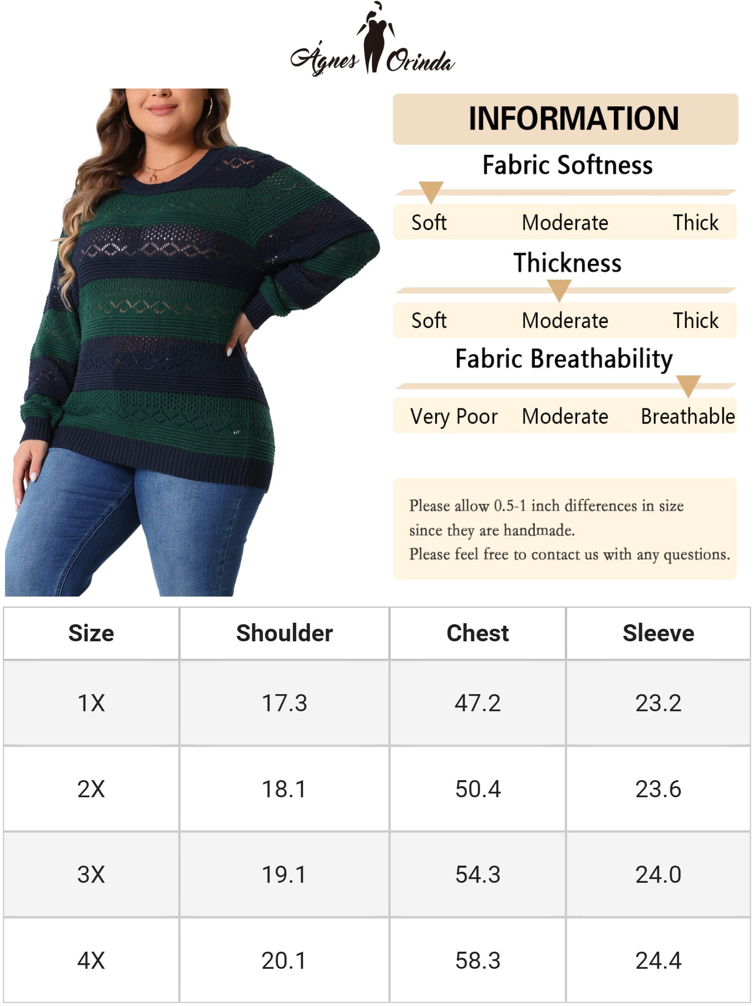 DARING DIVA Plus Size Long Sleeve Crewneck Hollow Knit Pullover 1X Green Blue