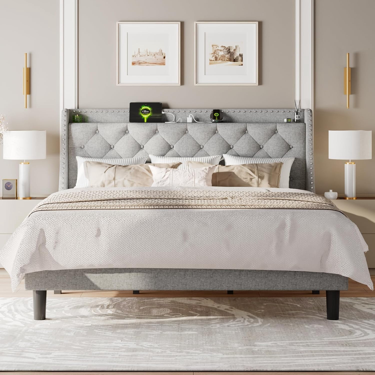 AENKYO King Size Platform Bed with Fast Charging Station, Storage Wingback Headboard, No Box Spring Needed, Gray