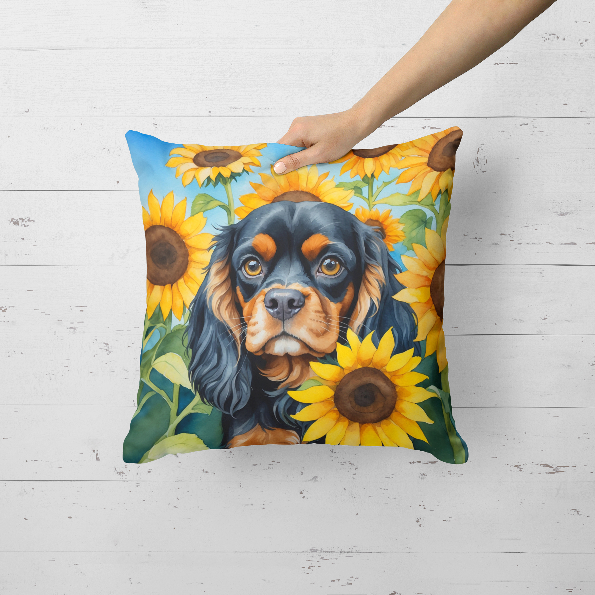 Cavalier Spaniel in Sunflowers Throw Pillow 18 in x 18 in