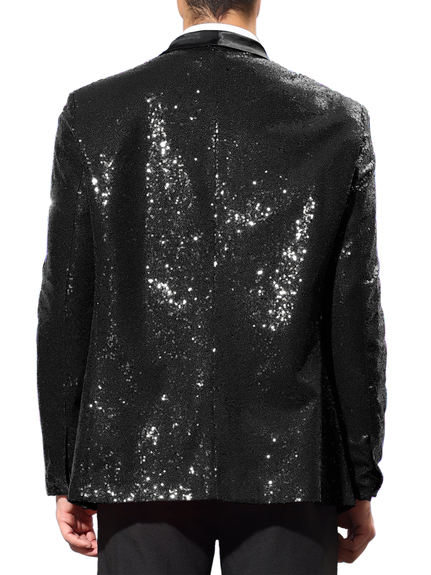 Unique Bargains Men's Sequin Sport Coats Shawl Lapel One Button Wedding Shiny Blazer XL Black