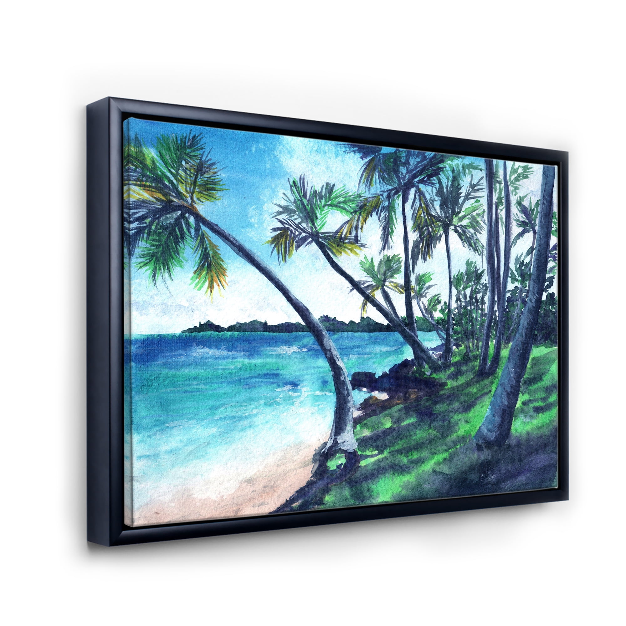 Designart 'Tropical Beach In Summer Paradise With Palm Trees' Nautical & Coastal Framed Canvas Wall Art Print