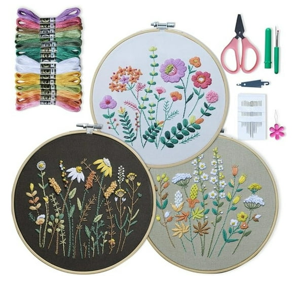 Embroidery Kit for Beginners 3 Pack - Adult DIY Starter Set with Stamped Flower Patterns, Hoop, Threads & Embroidery Tools