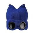 thumbnail image 5 of Aviator Style Knit Hat with Cat Ears, Fleece Lined Beanie with Attached Fake Sunglasses, Trendy and Humorous Cold-Weather Accessory for Ski Resorts and Parties. Blue, 5 of 5