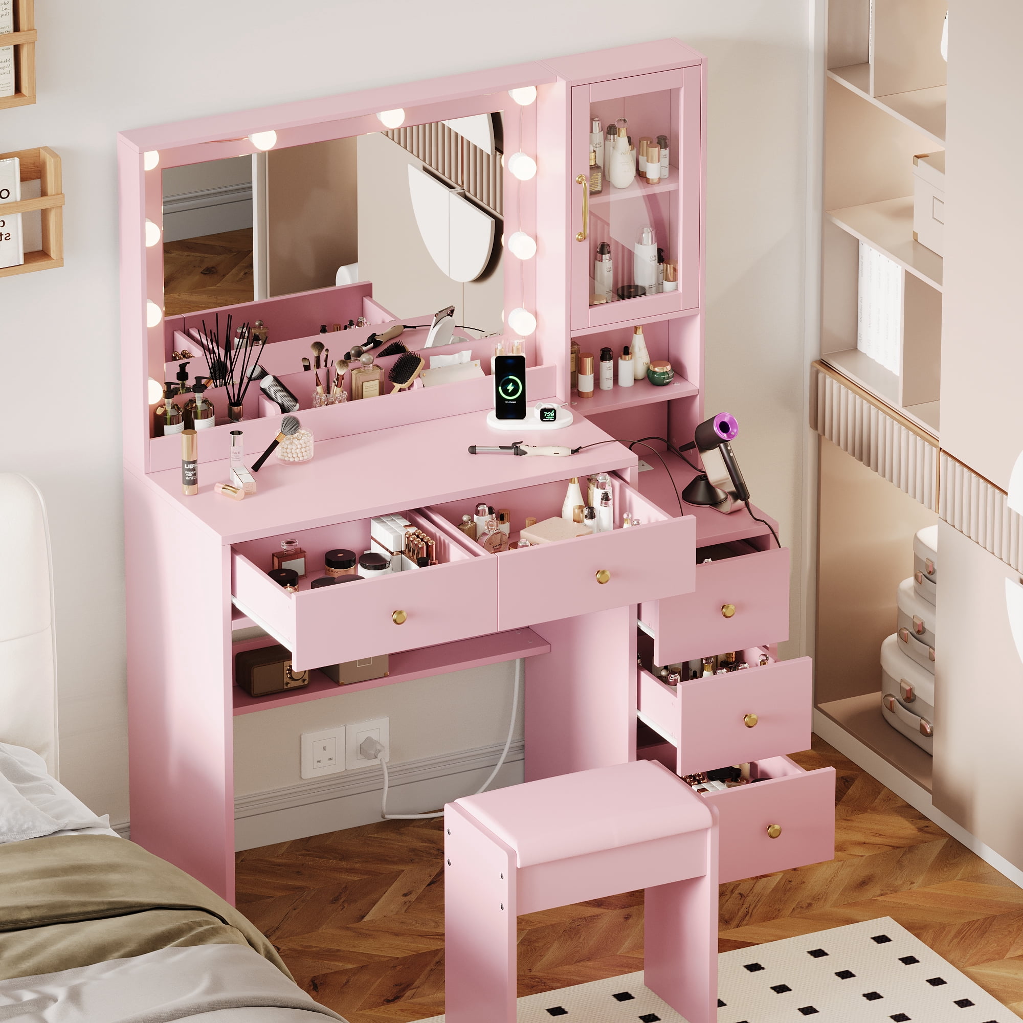 TOKSOM Pink Vanity Desk with Mirror and Lights, Cute Makeup Vanity with Charging Station & 5 Drawers, Acrylic Cabinet Dressing Table with Stool, Gift for Girls & Teens