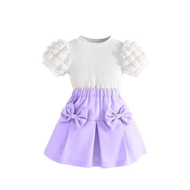 Odeerbi 18M-8Y Niñas Trajes de Verano Tops de Manga Corta de Algodón Con Falda Plisada Conjunto de Dos Piezas Falda Con Lazo Conjunto de Dos Piezas Falda Con Lazo
