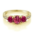thumbnail image 2 of Gem Stone King 2.97 Ct Oval Pink Tourmaline Red Created Ruby 18K Yellow Gold Plated Silver Moissanite Ring (Size 6), 2 of 4