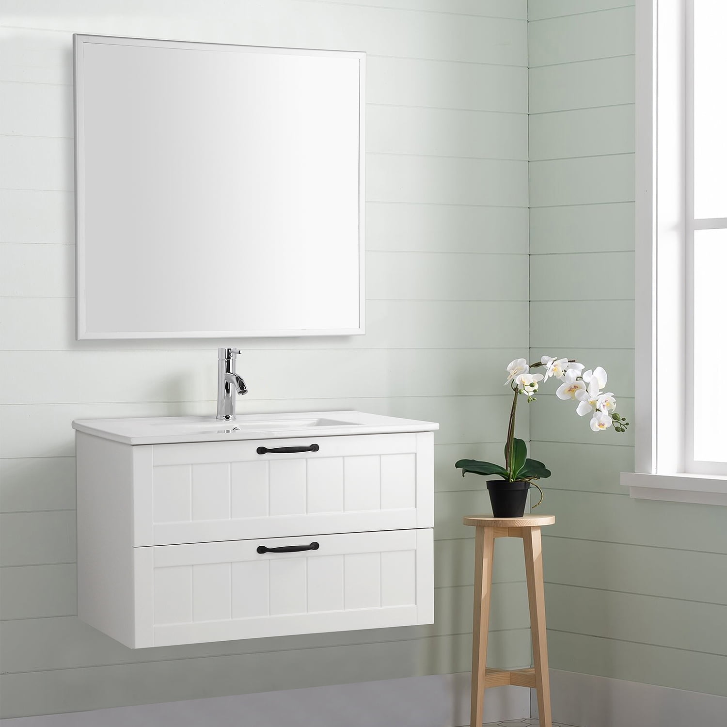 Demi Bonn 31" Wall-Mounted Bathroom Vanity with Decor Line Soft-Close Double Drawer, Basin and Mirror, Faucets and Drains Not Included, White
