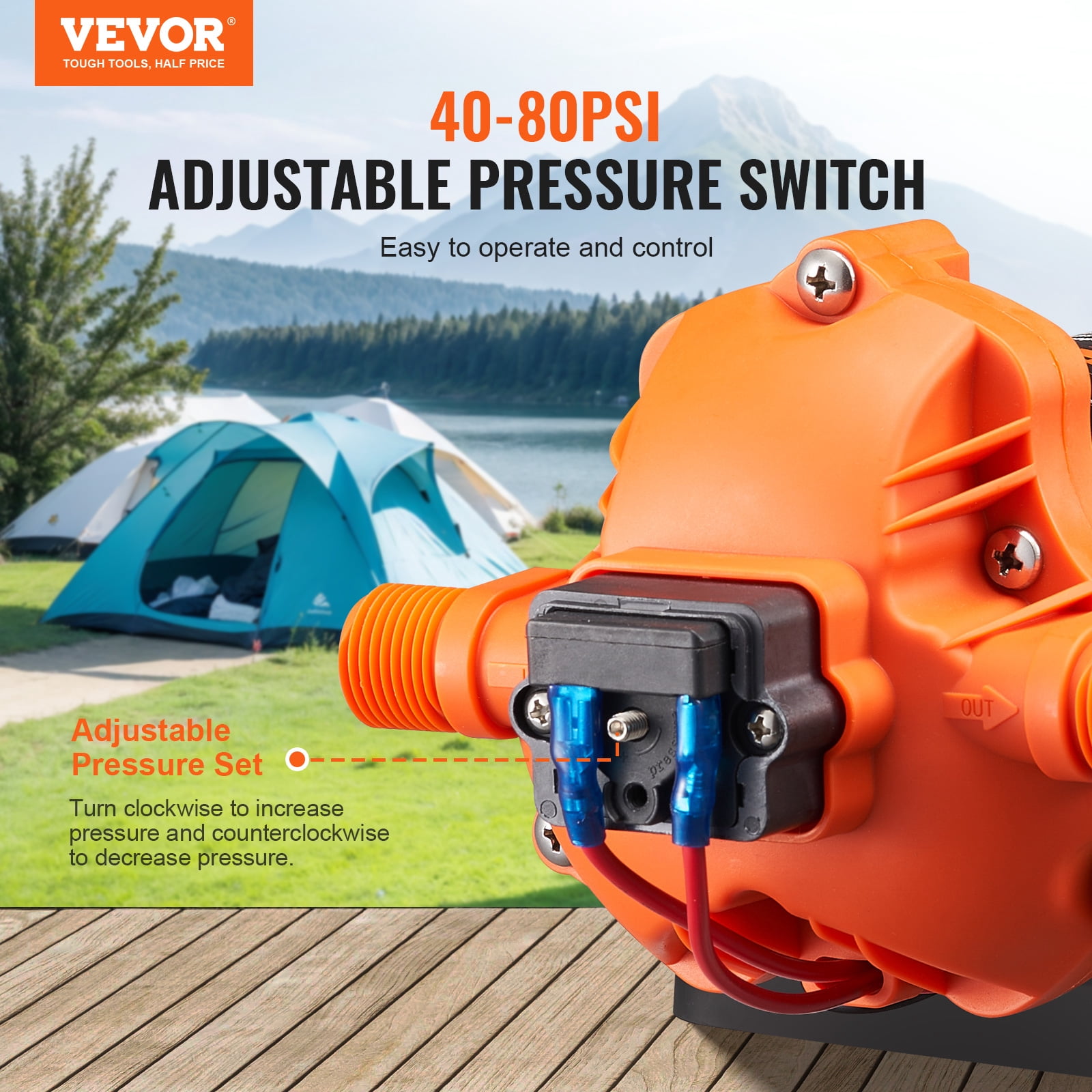 VEVOR 12V Diaphragm Pump, 1.8 GPM (6.81 L/min), 3-Chamber 12 Volt DC Water Pump with Automatic Pressure Switch 40-100 PSI Adjustable, 60 PSI, 1/2'' MNPT Port, for RV Yacht Food Truck Camper Marine