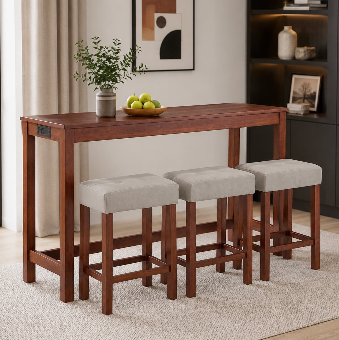 Aukfa 59" Bar Table Set with Charging Station, 4-Piece Counter Height Kitchen Island Set,3 Upholstered Stools,Cherry