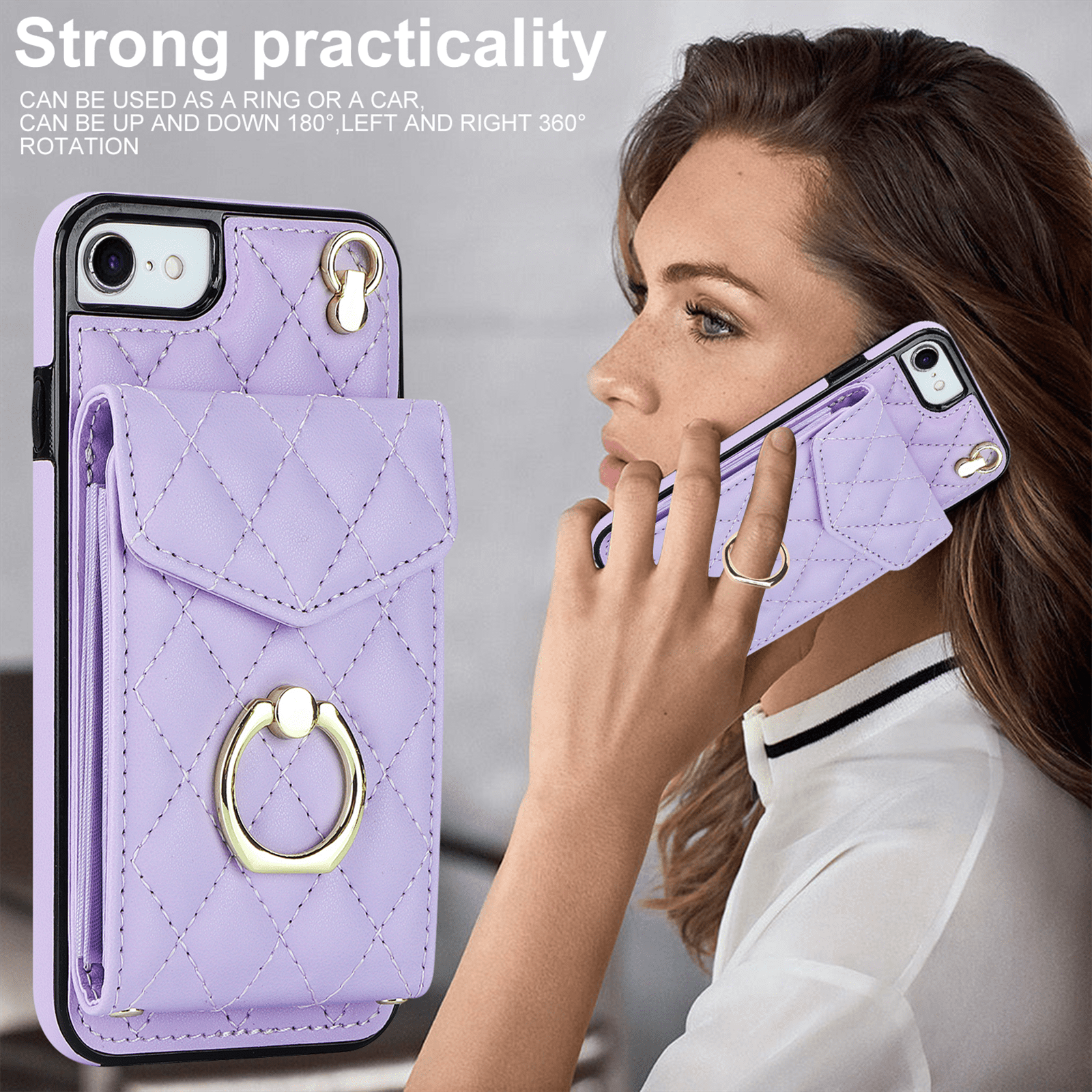 Asuwish Wallet RFID Blocking PU Leather Cell Phone Case with Tempered Glass Screen Protector, Wrist Strap for iPhone 7/8, Purple