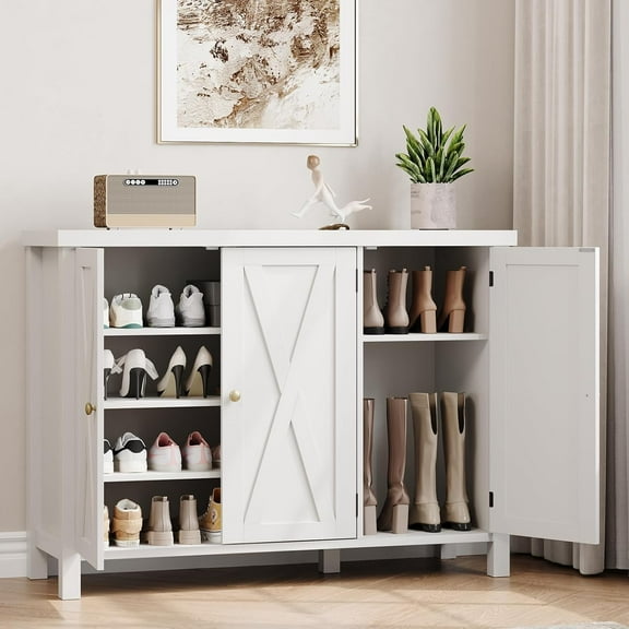 Litake Shoe Cabinet with Doors, Farmhouse 35'' Shoe Storage Cabinet, 4-Tier Entryway Shoe Storage, Large Shoe Organizer Cabinet for Living Room Hallway, White/Dark Walnut