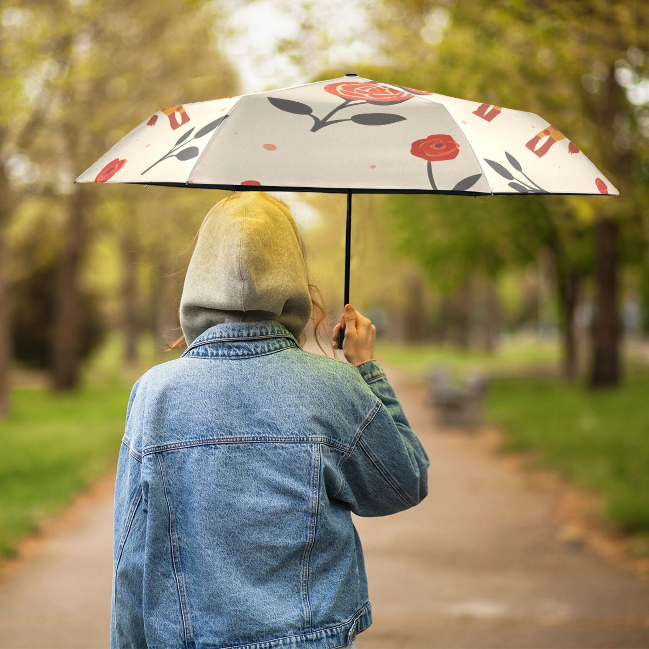 Cartoon Cute Giraffes Roses All Weather Umbrella Triple Folding Parasol 6 Ribs UV Protection Portable