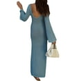 thumbnail image 5 of Wassery Women Long Knit Dress Hollow-Out Deep V-Neck Backless Bodycon Dress Solid Color Long Sleeve Fall Maxi Dress Streetwear Holiday Dress, 5 of 6