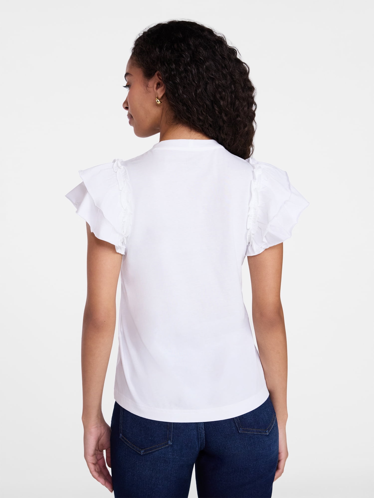 Time and Tru Women's Cotton Crewneck Tee with Ruffle Flutter Sleeves, Sizes XS-XXXL