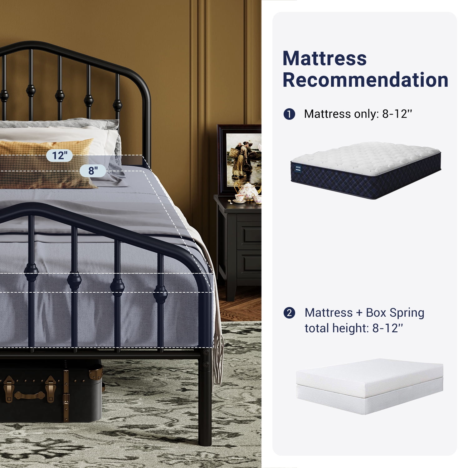 Sifurni Twin Size Bed Frame, Heavy Duty Metal Platform Bed with Vintage Victorian Headboard & Footboard, Black