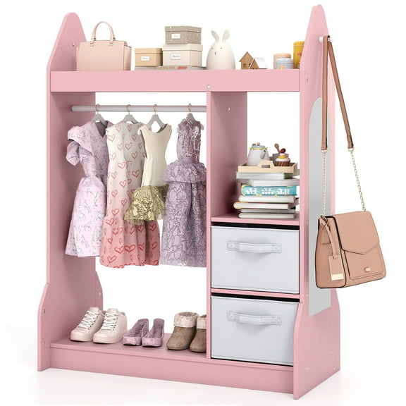 Gymax Kids Dress Up Storage w/Full-Length Mirror Shelves Hooks 2 Fabric Storage Bins