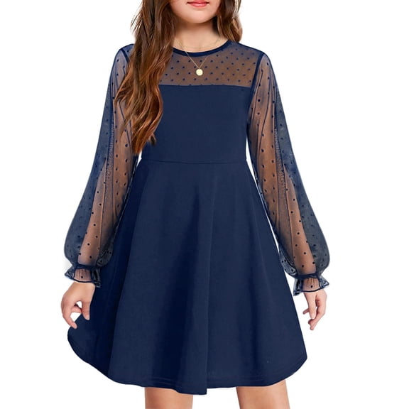 Arshiner Girl's Contrast Mesh Puff Long Sleeve High Waist A Line Black Short Dress with Pockets