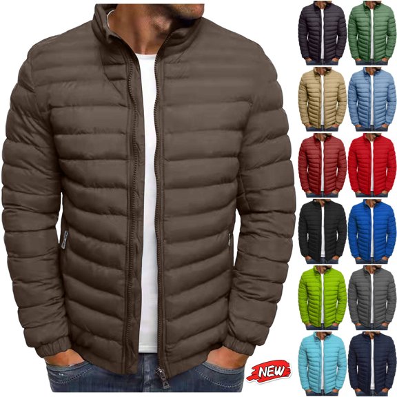 qafoshin Mens Stand Collar Puffer Jackets Winter Windproof Warm Long Sleeve Zip Up Puffy Coats Trendy Casual Solid Color Jackets