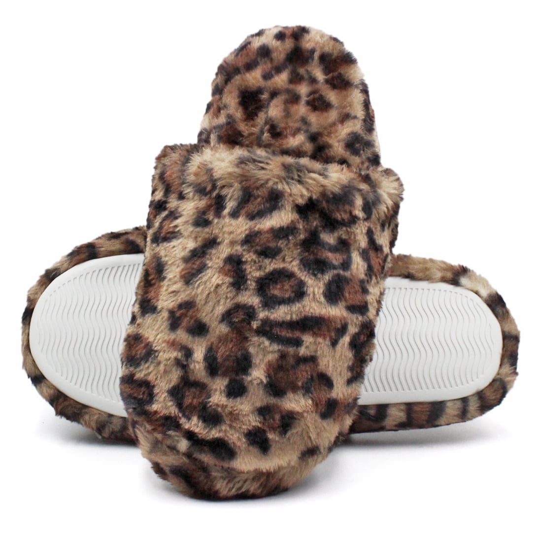 INC Womens Leopard Faux Fur Slippers Small 5-6  Slip On’s New In Box