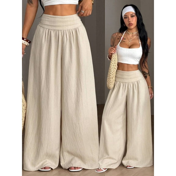 Women's High Waist Wide Leg Pants, Shirred Elastic Waist Flowy Loose Fit Trousers for Vacation, Beach, Everyday & Casual Wear