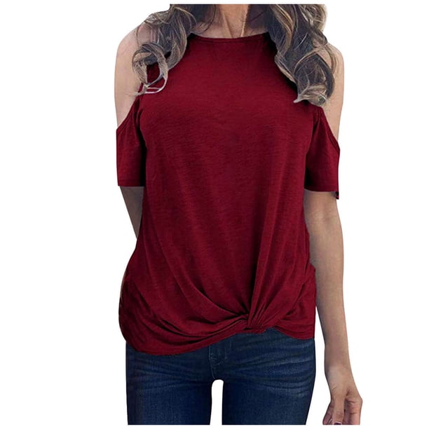 Gibobby Camiseta de manga corta para mujer Hombro manga corta túnica cuello Tops camiseta blusa fría mujer O blusa mujer(Vino,M)