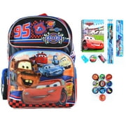 Cars 16" Large School Backpack with 8 pcs Stationery Set and 10 pcs Self Inked Stampers Bundle | Cars Lightning McQueen Bookbag | Lightning McQueen Backpack for Boys