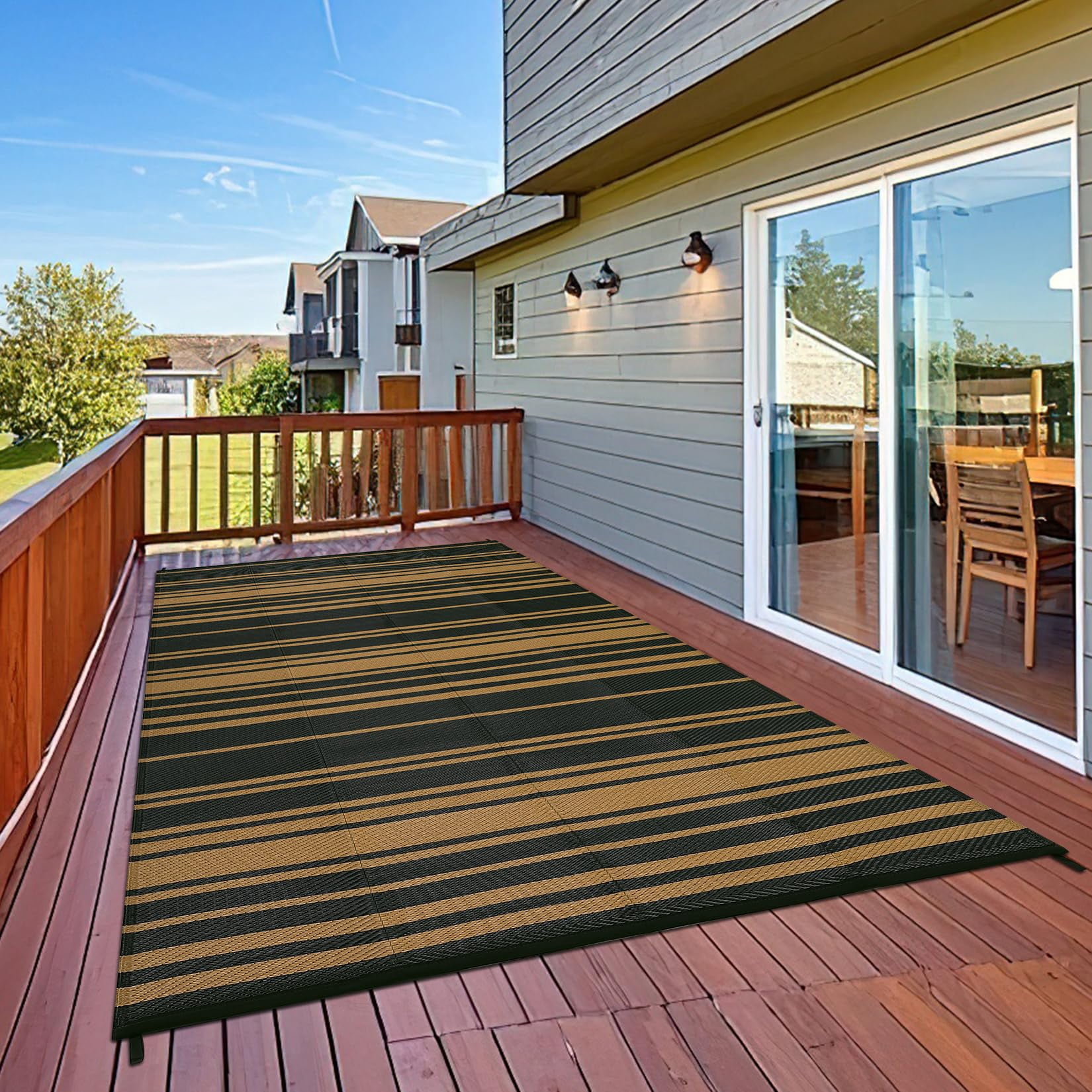 Danolapsi Outdoor Rug Mat for Patio,8x10 Plastic Straw Rug,Waterproof Plastic Straw Mats,Modern Striped Outdoor Camping Rugs for Patio,RV,Porch, Deck,Backyard,Balcony,Camping,Trailer